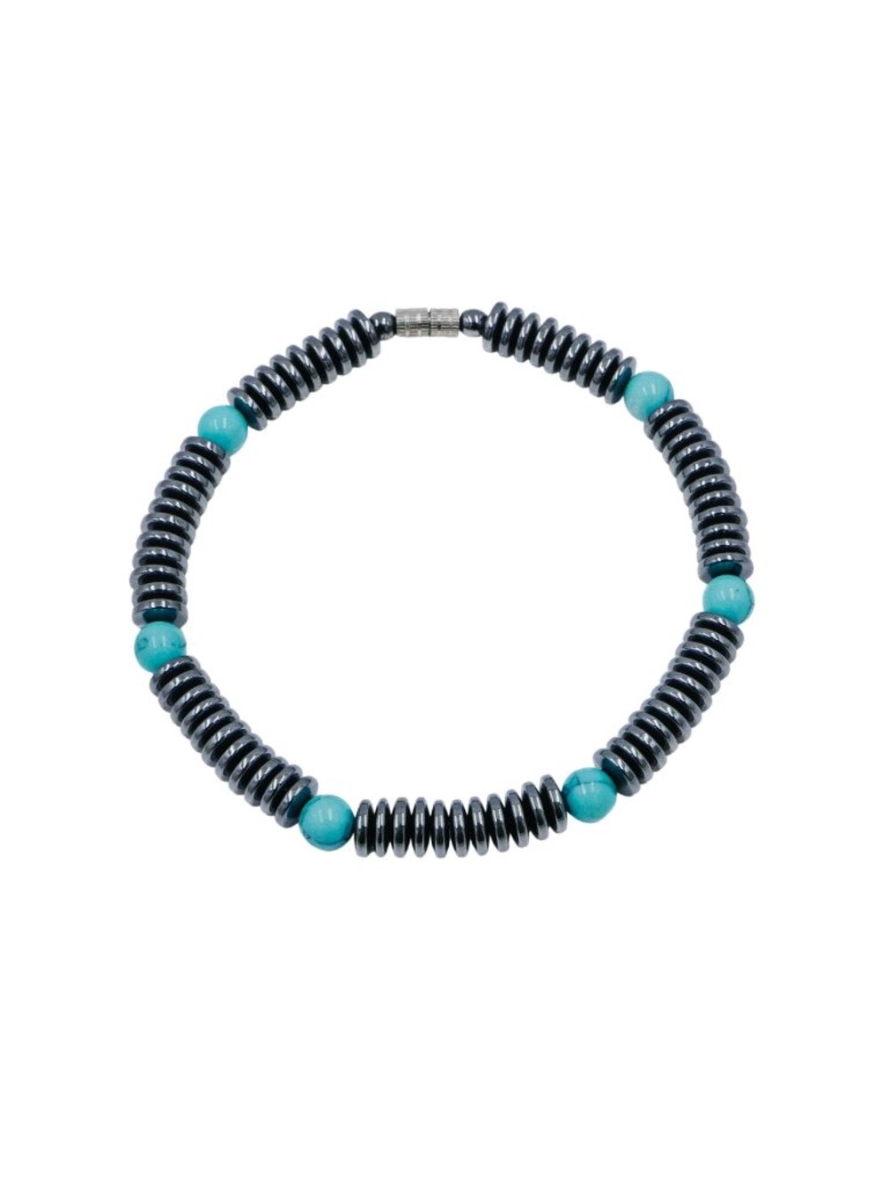 Hematite Turquoise Glass Beaded Bracelet Magnetic Clasp 7.9 Inches